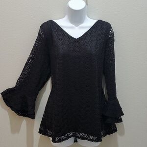 DRESSBARN LACE TUNIC, Sz 1X, BLACK, 3/4 SLEEVE, V-NECK, STRETCHABLE FABRIC, NEW